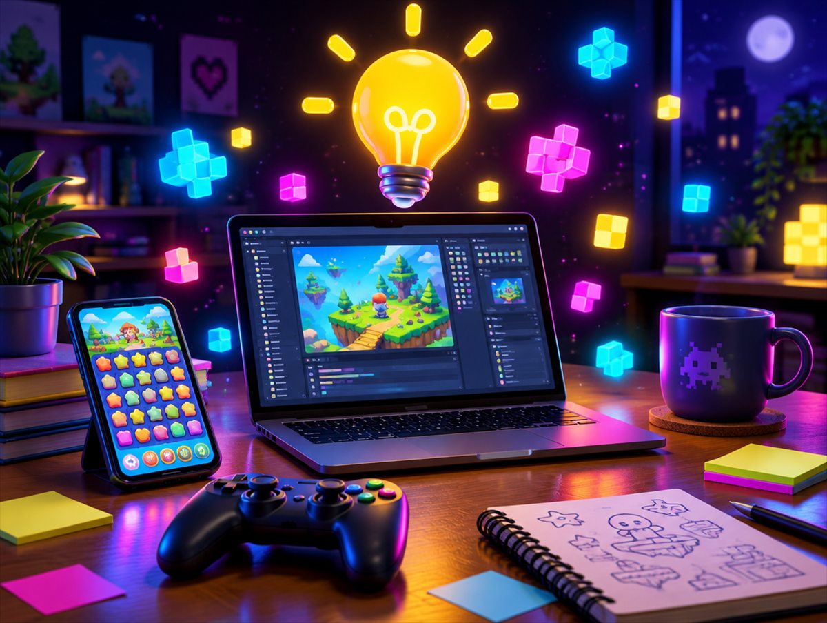 A game developer's desk with a glowing lightbulb, laptop and controller