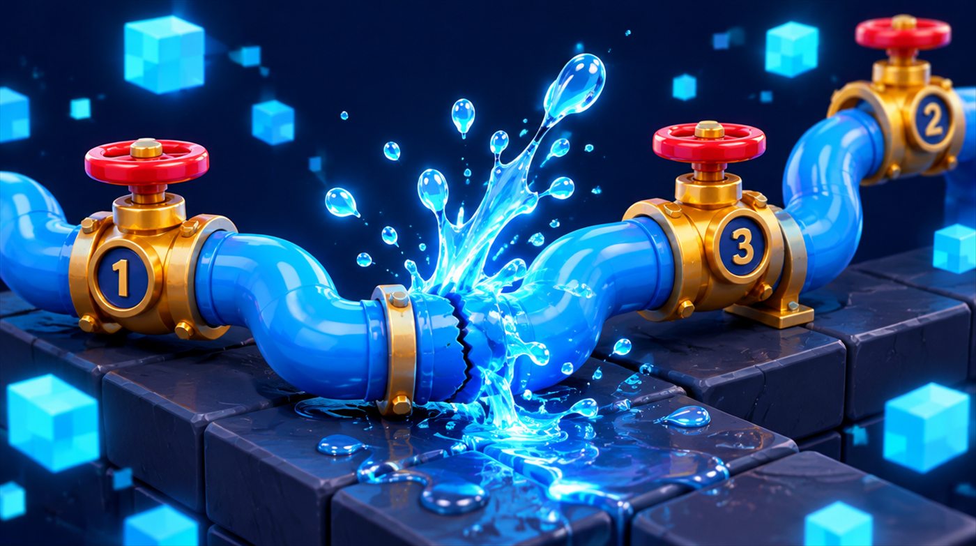 Leak Freak key art: a blue pipe bursting between brass valves